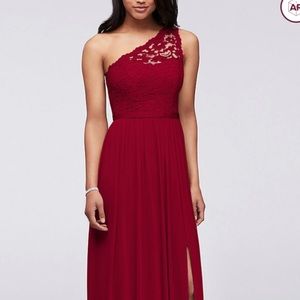 David’s Bridal Red Lace One-Shoulder Gown
